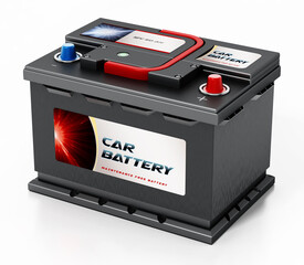 Generic car battery isolated on white background. 3D illustration - obrazy, fototapety, plakaty