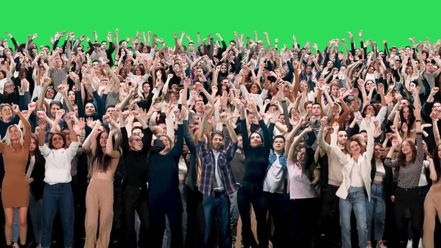 Huge crowd of people different ages dancing at a concert, they dance and swing their arms on a green background, fans at a music event, chromakey template.