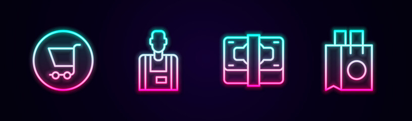 Set line Shopping cart, Seller, Stacks paper money cash and Paper shopping bag. Glowing neon icon. Vector