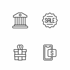 Set line Mobile shopping, Gift box, Bank building and Price tag with Sale icon. Vector