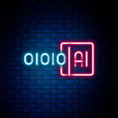 Glowing neon line Binary code icon isolated on brick wall background. Colorful outline concept. Vector