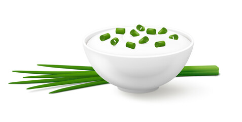 White bowl of sour cream with chopped green onions and lying down bunch of fresh chives. Isolated on white background. Side view. Realistic vector illustration. - obrazy, fototapety, plakaty