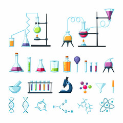 Chemical laboratory equipment set. Microbiology tubes with colored reagents and apparatus for distilling pipette mortar for grinding accurately dosing in research. Vector cartoon scientific.