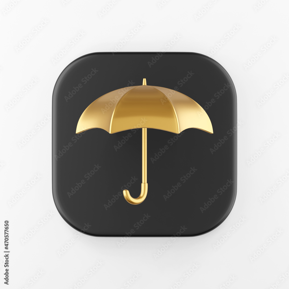 Poster golden umbrella icon. 3d rendering black square key button, interface ui ux element.