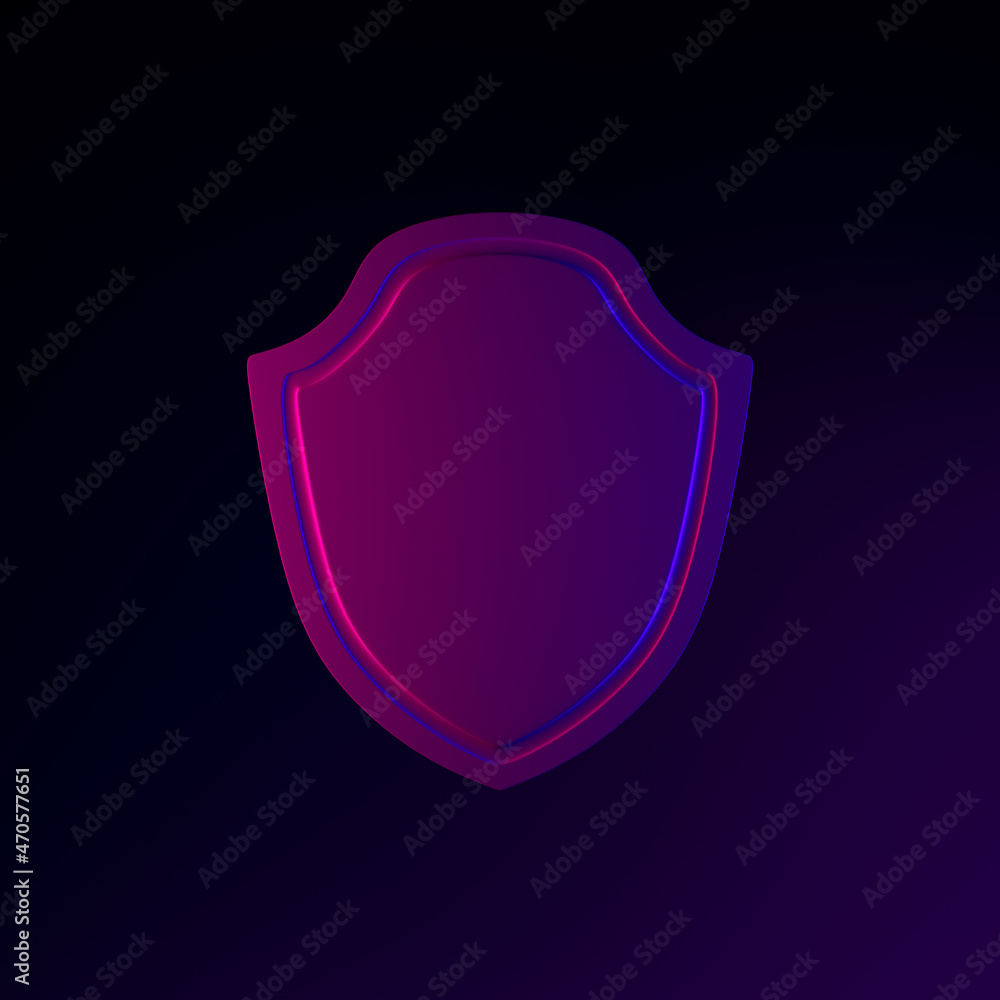 Poster flat outline neon shield icon. 3d rendering ui ux interface element. dark glowing symbol.