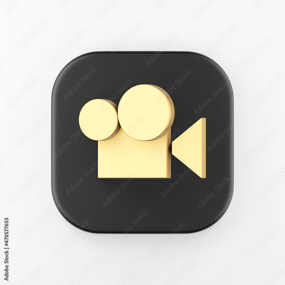 Poster icon gold digital video camera flat outline. 3d rendering black square key button, interface ui ux e