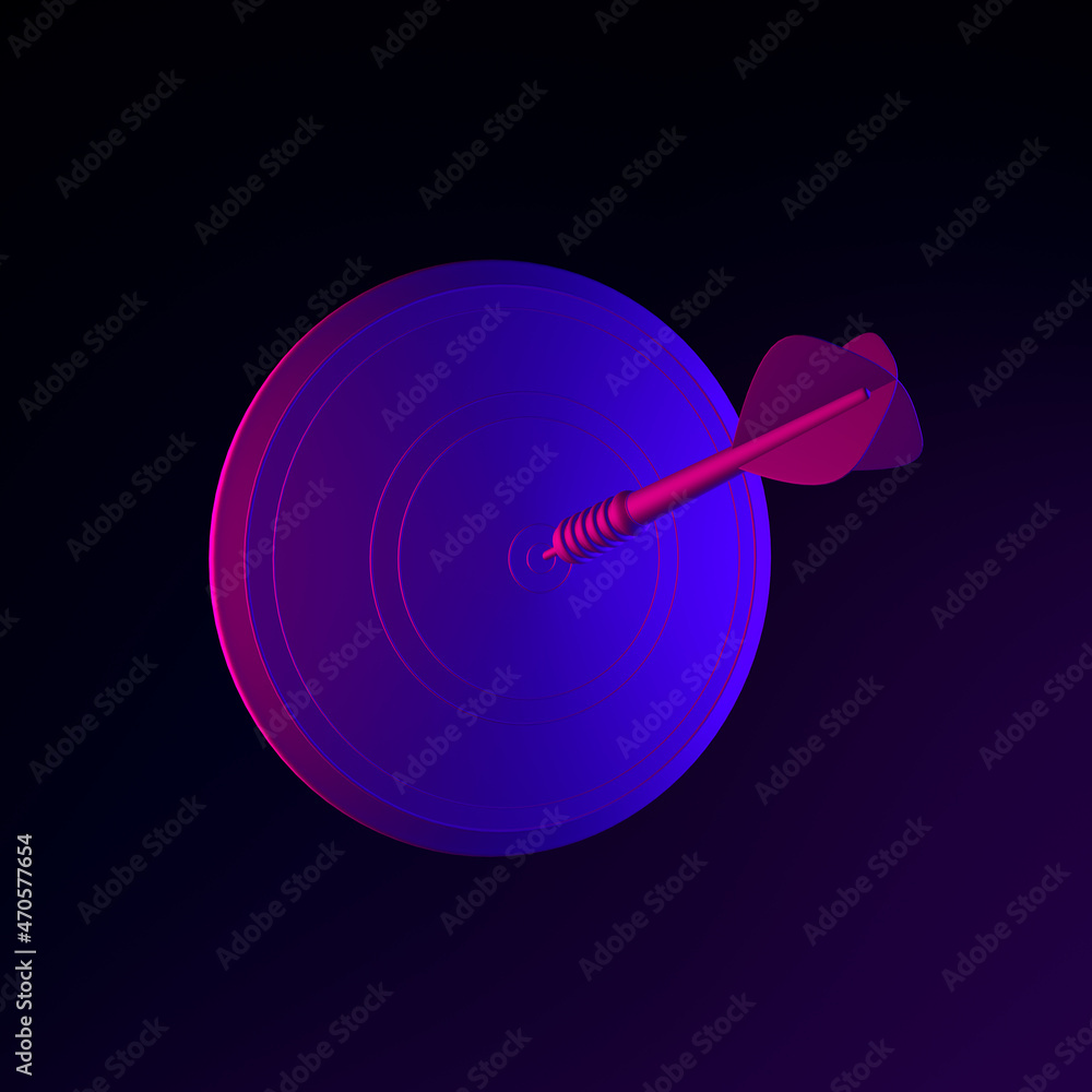 Poster neon dart target icon. 3d rendering ui ux interface element. dark glowing symbol.