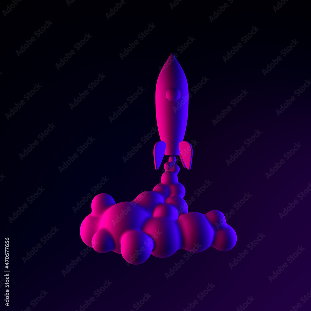Poster neon space rocket launch icon. 3d rendering ui ux interface element. dark glowing symbol.