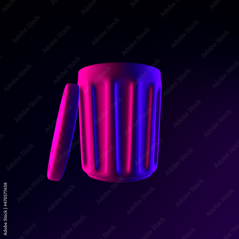 Poster neon trash can icon with lid. 3d rendering ui ux interface element. dark glowing symbol.