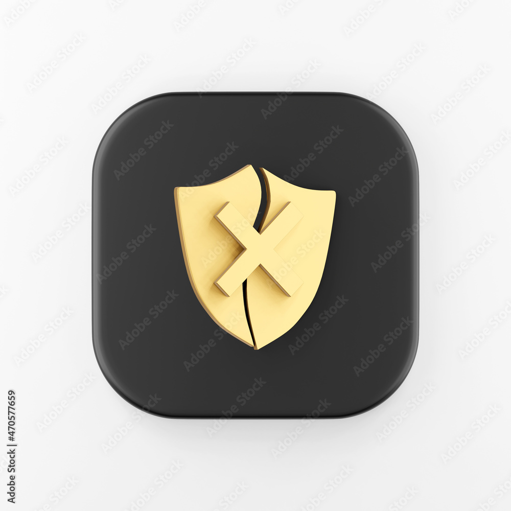 Poster golden broken shield icon. 3d rendering black square key button, interface ui ux element.