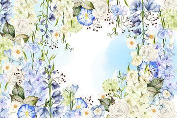 Watercolor card with different wild flowers  leaves.