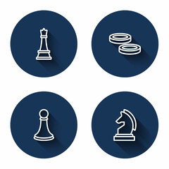 Set line Chess, Checker game chips, pawn and with long shadow. Blue circle button. Vector