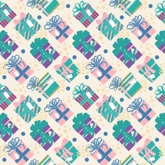 Seamless holiday pattern. Gift boxes with different prints and bows. Christmas, Valentine's Day. In fashionable gentle colors.