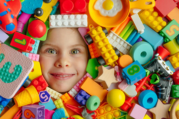 A background around girl's face filled with kids toys