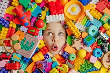 Fotobehang Funny surprised little girl lying in the chaos of toys © lithiumphoto