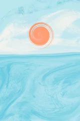Foto op Plexiglas Blauw abstract blauw landschap met water, zon en lucht, turquoise vloeiende kunst met lagen, vloeibaar kunstwerk, minimalistisch trendy behang, abstractie met oceaanlandschap, lucht en zee, blauw oceaanwater