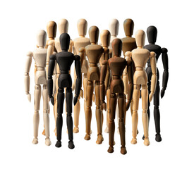 Abstract diverse society. Crowd of wood people of different color, race, ethnicity isolated on white background. Diversity and racial tolerance concept.