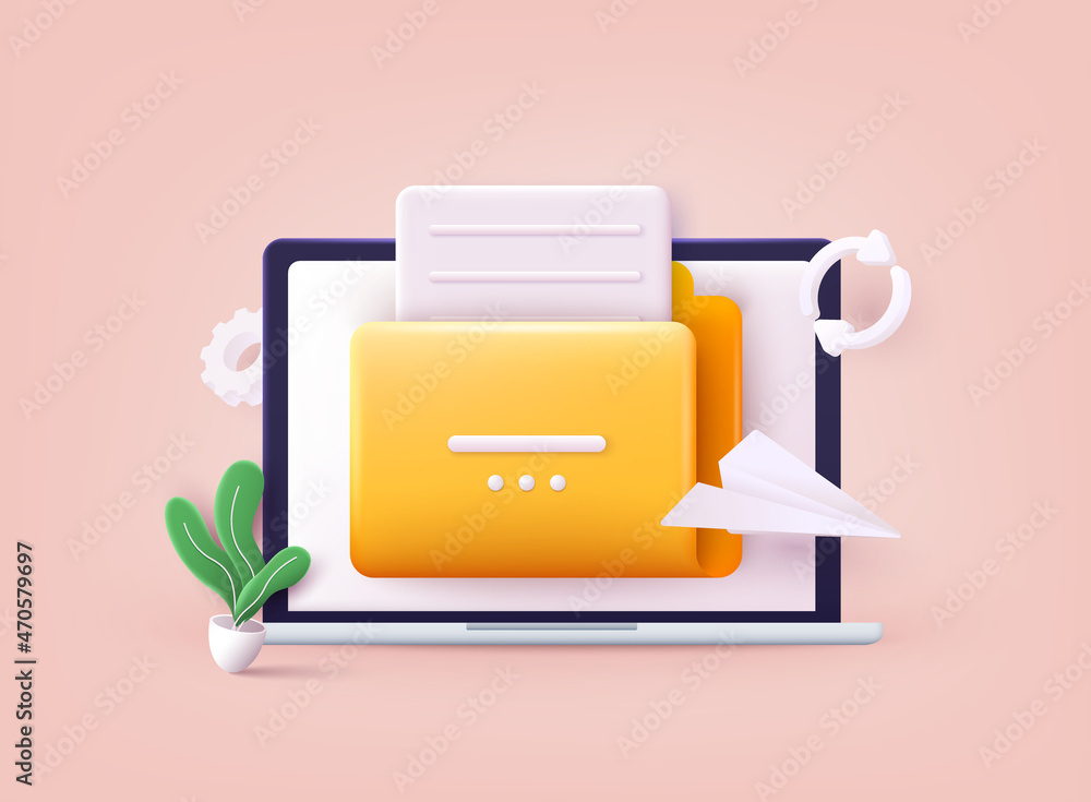 Poster yellow folder with files. file transfer concept. yellow folder with document on computer monitor. 3d