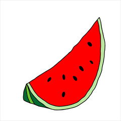 Vector outline illustration of one red and green slice fresh watermelon with black seeds isolated on a white background
