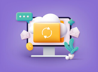Cloud storage icon. Digital file organization service or app with data transfering. 3D Web Vector Illustrations.