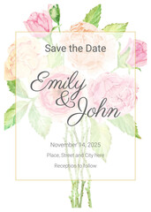 watercolor pink rose flower branch bouquet  wedding invitation card template collection