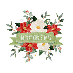 watercolor christmas flower bouquet wreath with ribbon banner for text
