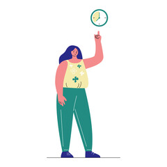 The woman points to the dial of the watch. Vector illustration in cartoon style. Isolated on a white background.