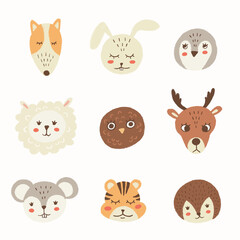 Colorful set of cute animal faces