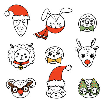 Set of line and painted animal faces in Christmas masks