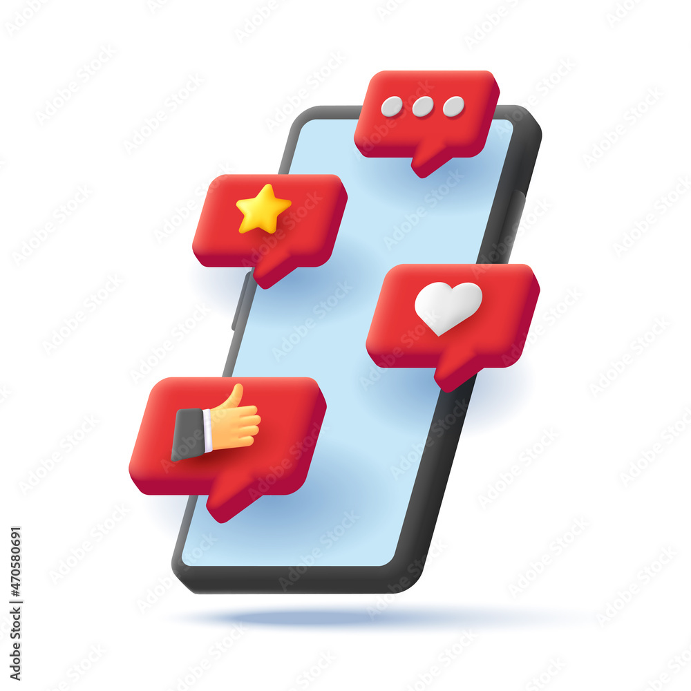 Poster 3d render isometric illustration of a black smartphone with red push bubbles about notifications of 