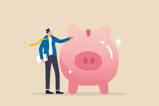 Financial checkup analyze growing wealth, debt or expense, diagnose money problem, wealth planning or investment advisor concept, smart businessman with doctor stethoscope to check piggy bank saving.