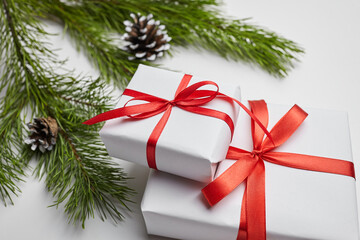 Christmas gift boxes with red ribbon and green pine tree branch with cones on white