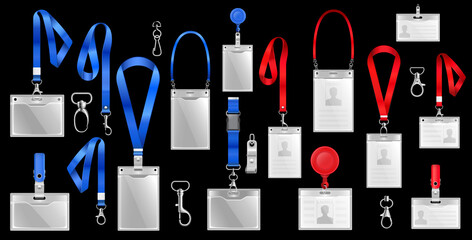 Set of realistic badges id cards on blue and red lanyards with strap clips, cord and clasps illustration
