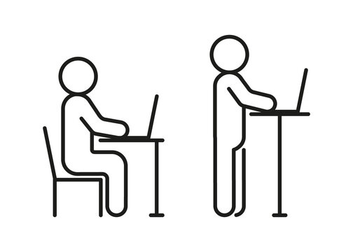 Types Of Work At Computer While Sitting And Standing, Ergonomic Workplace. Correct Body Position. Protect Health, Posture, Eyesight. Vector Illustration