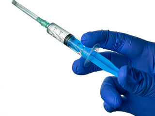 Medical disposable plastic syringe in hand on a white background. A hand in a blue glove holds a syringe, close-up, isolated. The concept of epidemic and pandemic prevention, vaccination.
