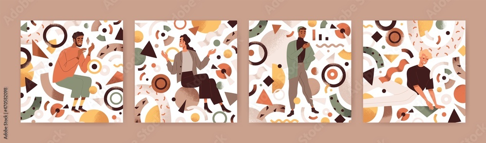 Aufkleber happy creative and business people with abstract geometric shapes around. modern creators set. man a