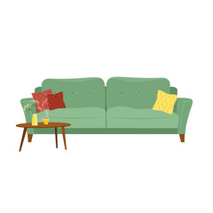 Cozy soft sofa with reclining pillows. In the foreground is a table with a vase and a cup of steaming tea or coffee. The isolated image on a white background. Vector illustration in flat plane style.