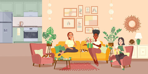 Happy women having fun at the birthday party. Concept illustration woman with flowers. Home interior scene. Vector flat plane style.