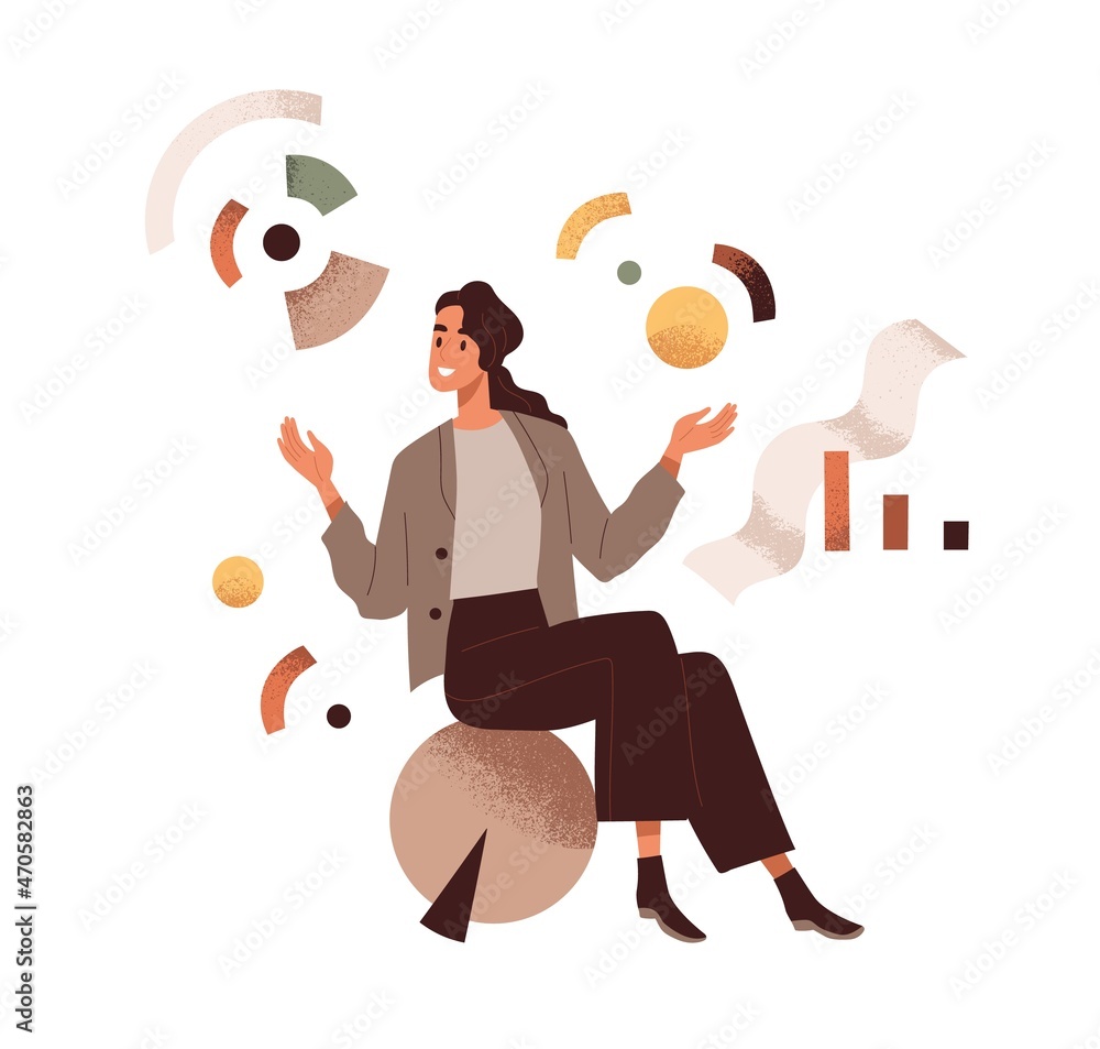 Poster Person work with abstract business system, organizing data, analyzing statistics. Creative woman arranging modern geometric shapes. Analytics and organization concept. Colored flat vector illustration