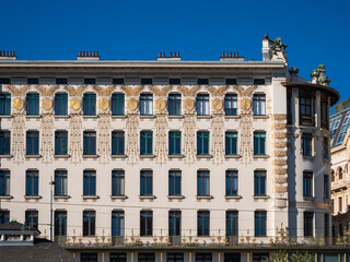 Fototapeta na wymiar Linke Wienzeile or Medaillon House designed by Otto Wagner in 1898, an art nouveau redidential building in Vienna, Austria.