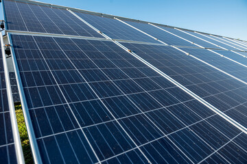 Innovation in energy equipment. Solar panels saving environment. Closeup photo