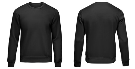 Black sweatshirt template. Pullover blank with long sleeve, mockup for design and print. Sweatshirt front and back view isolated on white background - 470583611