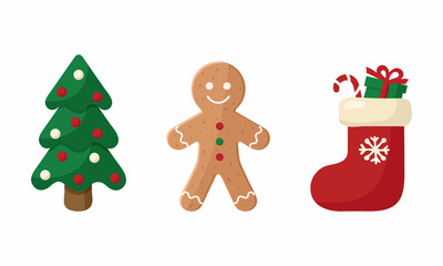 Christmas tree, gingerbread man, and Christmas sock isolated on white background. Vector illustration