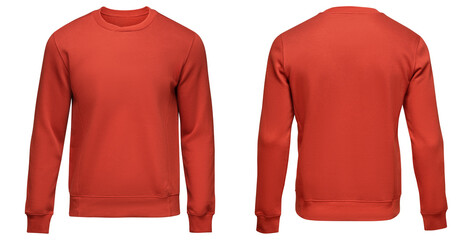 Red sweatshirt template. Pullover blank with long sleeve, mockup for design and print. Sweatshirt front and back view isolated on white background - 470584031
