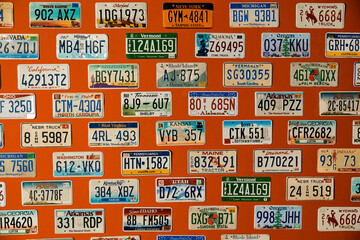 American license plates hang on an orange wall
