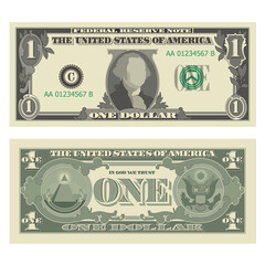 One dollar bill, 1 US dollar banknote, from obverse and reverse. Simplified vector illustration of USD isolated on a white background - obrazy, fototapety, plakaty