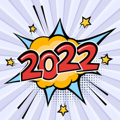 2022 New Year and Christmas comic text explosion or speech bubble. Vector illustration in retro pop art style for greeting cards, banners, posters, flyers and calendars
