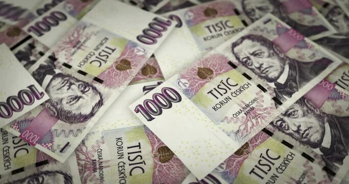 Czech koruna growing pile of money. NZD banknotes loop rotaring. Seamless and looped background concept of finance, economy crisis, inflation and business.