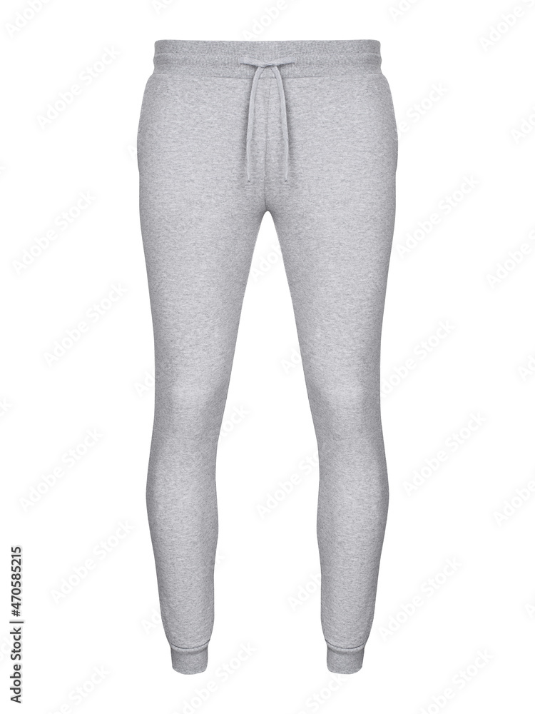 Sticker Grey jogger pants mockup. Template sports trousers front view for design. Fitness wear isolated on white