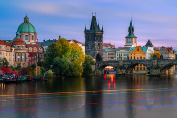 Beautiful view over Charles Bridge, Vltava river and old town in Prague, Czech Republic